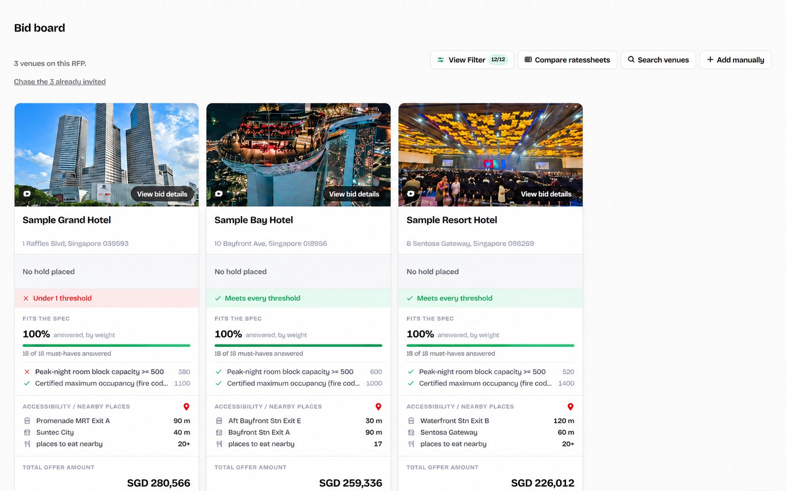 HAPR bid board with three Singapore hotels side by side, showing thresholds met, how well each fits the spec, nearby transport and the total offer amount